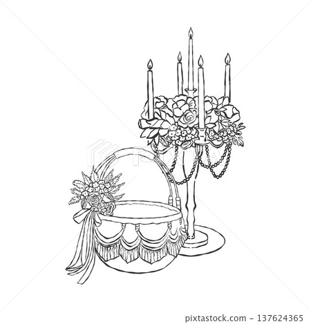 An illustration of a vintage candelabra with candles, flowers, pearl beads, and a festive basket. Vector outline clip art for weddings and holidays in blue. 137624365