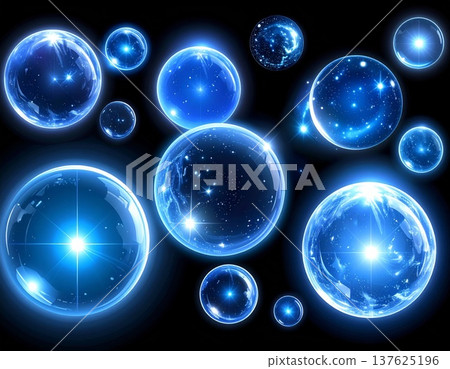 Glowing Blue Spheres Floating in Space on Black Background Illustration 137625196