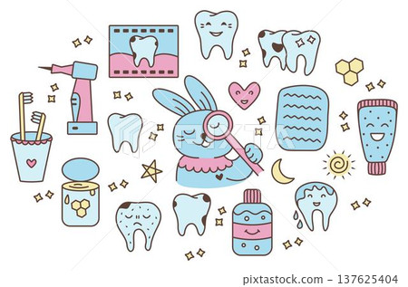 Pediatric dentistry color vector doodle set. Retro kid dental sign collection, child stomatology isolated symbols Pediatric dentistry color vector doodle set. Retro kid dental sign collection, child stomatology isolated symbols 137625404