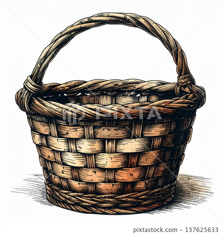 Woven Basket with Handle Illustration on White Background Detailed Shading 137625633