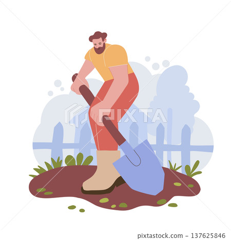 Man Digging with Shovel. Gardening Flat Vector 137625846