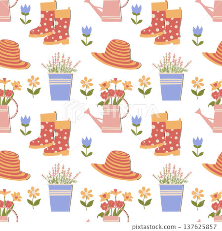 Gardening Pattern Straw Hat Boots Watering Can 137625857