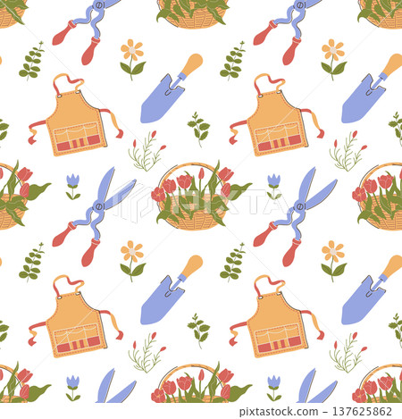 Gardening Pattern White Background. Tulips Apron Tools Gardening Pattern White Background. Tulips Apron Tools 137625862