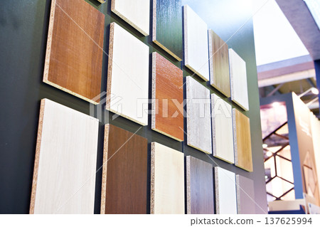 Samples of particle board for furniture in store Samples of particle board for furniture in store 137625994