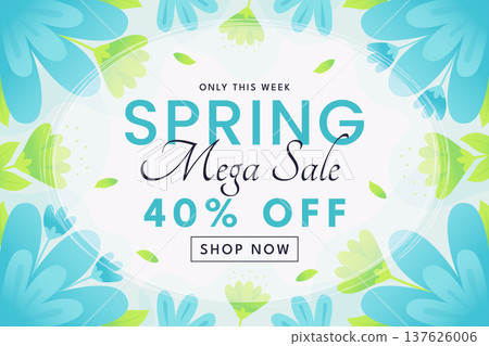 Spring mega sale banner with turquoise floral frame vector illustration. Spring mega sale banner with turquoise floral frame vector illustration. 137626006