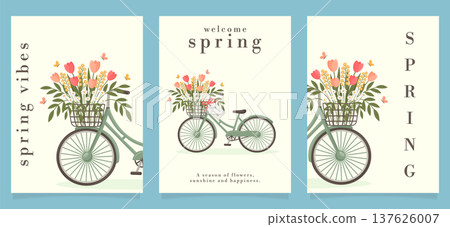 Spring greeting posters set with vintage bicycle and flowers vector illustration. 137626007