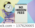 No Hidden Fees text written on notepad with alarm clock, magnifying glass and calculator on white background 137626665