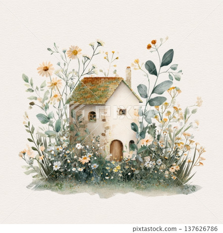 Watercolor Floral Cottage House Meadow Garden Botanical Illustration Vintage Art Watercolor Floral Cottage House Meadow Garden Botanical Illustration Vintage Art 137626786