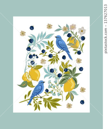 Beautiful vector birds among branches, lemons, plants and leaves Beautiful vector birds among branches, lemons, plants and leaves 137627013