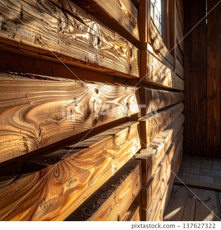Detailed Rustic Wooden Wall Interior in Warm Sunlight Abstract Background 137627322