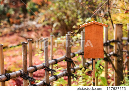 Empty retro wooden billboard in the autumn park. Signboard made of wood with space for text and graphics. 137627353