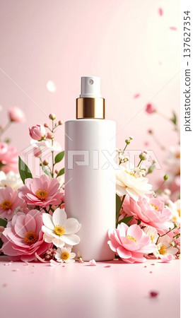 Elegant White Spray Bottle with Gold Accents Surrounded by Pink and White Flowers on Pink Background 137627354