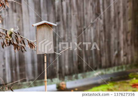 Empty retro wooden billboard in the autumn park. Signboard made of wood with space for text and graphics. 137627356