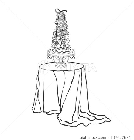 A festive dessert with a mound of marshmallows shaped like seashells on a tablecloth. Hand-drawn vector illustration for weddings, birthdays, parties, and Valentines Day. Vintage-style vector outline A festive dessert with a mound of marshmallows shaped like seashells on a tablecloth. Hand-drawn vector illustration for weddings, birthdays, parties, and Valentines Day. Vintage-style vector outline 137627685