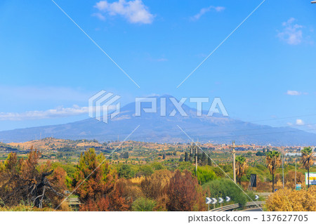 Mount Etna volcano above rural landscape Sicily, Italy. 137627705