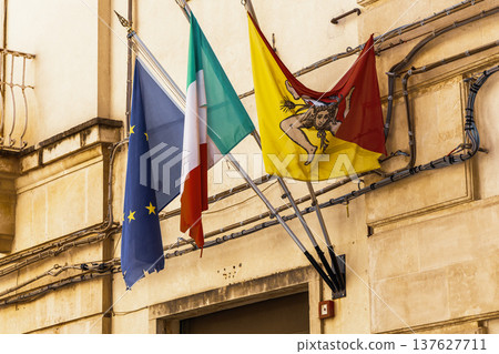 European union italy sicily flags on building 137627711