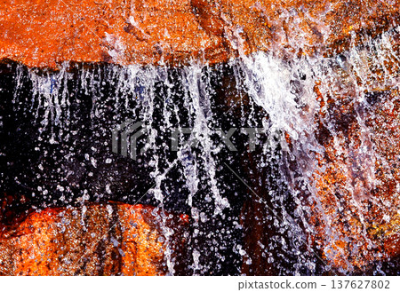 Waterfall close-up background, texture. Water flowing over rocky stones, splashes drops.  137627802