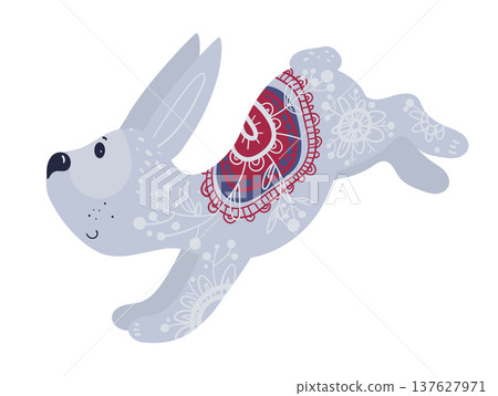 Stylized hare decorated with ornamental ethnic patterns. Vector illustration of forest animal isolated on white background. Stylized hare decorated with ornamental ethnic patterns. Vector illustration of forest animal isolated on white background. 137627971