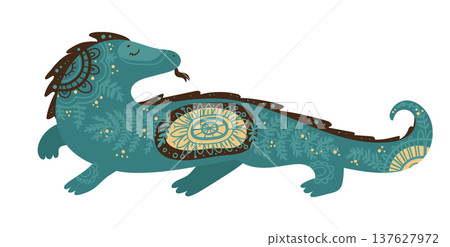 Stylized iguana decorated with ornamental ethnic patterns. Vector illustration of tropical reptile isolated on white background. Stylized iguana decorated with ornamental ethnic patterns. Vector illustration of tropical reptile isolated on white background. 137627972
