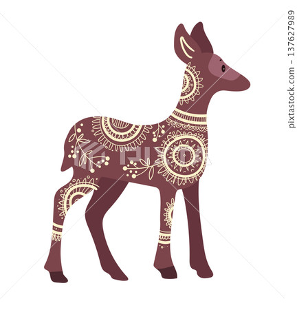 Stylized vector illustration of a young deer decorated with ethnic ornamental patterns. Decorative forest animal isolated on white background. 137627989