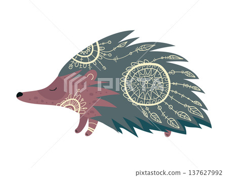 Stylized vector illustration of a hedgehog decorated with ethnic ornamental patterns. Decorative forest animal isolated on white background. Stylized vector illustration of a hedgehog decorated with ethnic ornamental patterns. Decorative forest animal isolated on white background. 137627992