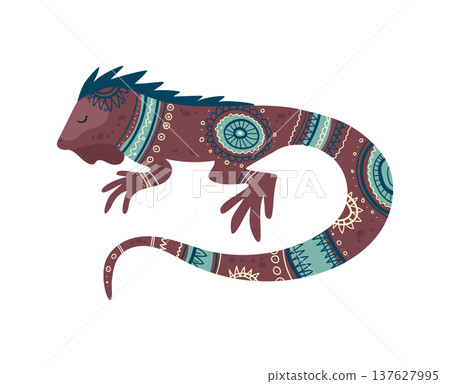 Stylized vector illustration of an iguana decorated with ethnic tribal ornaments. Decorative reptile design isolated on white background. 137627995