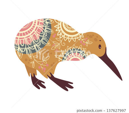 Stylized vector illustration of a kiwi bird decorated with ethnic ornamental patterns. Decorative flightless bird isolated on white background. Stylized vector illustration of a kiwi bird decorated with ethnic ornamental patterns. Decorative flightless bird isolated on white background. 137627997