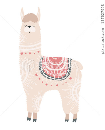 Stylized vector illustration of a llama decorated with ethnic ornamental patterns. Decorative mountain animal isolated on white background. Stylized vector illustration of a llama decorated with ethnic ornamental patterns. Decorative mountain animal isolated on white background. 137627998