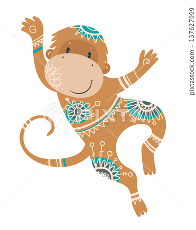 Stylized vector illustration of a monkey decorated with ethnic ornamental patterns. Decorative jungle animal isolated on white background. Stylized vector illustration of a monkey decorated with ethnic ornamental patterns. Decorative jungle animal isolated on white background. 137627999