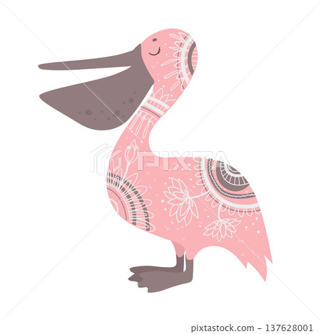 Stylized vector illustration of a pelican decorated with ethnic ornamental patterns. Decorative sea bird isolated on white background. Stylized vector illustration of a pelican decorated with ethnic ornamental patterns. Decorative sea bird isolated on white background. 137628001