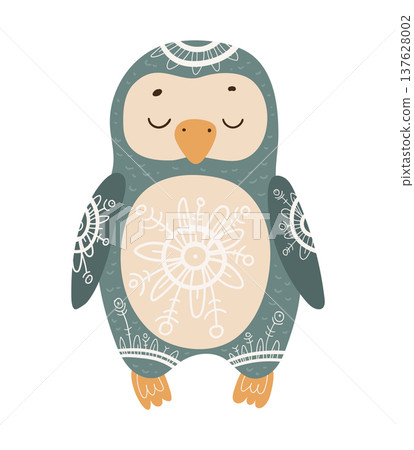Stylized vector illustration of a penguin decorated with ethnic ornamental patterns. Decorative arctic bird isolated on white background. Stylized vector illustration of a penguin decorated with ethnic ornamental patterns. Decorative arctic bird isolated on white background. 137628002