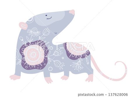 Stylized vector illustration of a rat decorated with ethnic ornamental patterns. Decorative rodent isolated on white background. Stylized vector illustration of a rat decorated with ethnic ornamental patterns. Decorative rodent isolated on white background. 137628006
