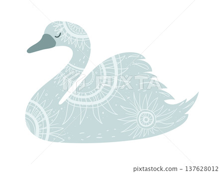 Stylized vector illustration of a swan decorated with ethnic ornamental patterns. Decorative water bird isolated on white background. 137628012