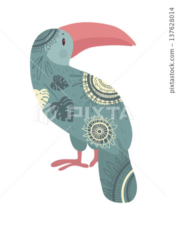 Stylized vector illustration of a toucan decorated with ethnic ornamental patterns. Tropical bird design isolated on white background. Stylized vector illustration of a toucan decorated with ethnic ornamental patterns. Tropical bird design isolated on white background. 137628014