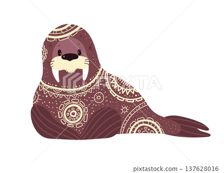 Stylized vector illustration of a walrus decorated with ethnic ornamental patterns. Decorative arctic marine animal isolated on white background. Stylized vector illustration of a walrus decorated with ethnic ornamental patterns. Decorative arctic marine animal isolated on white background. 137628016