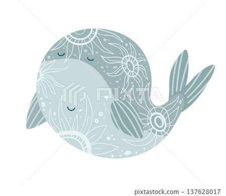 Stylized vector illustration of a whale decorated with ethnic ornamental patterns. Decorative marine animal isolated on white background. 137628017