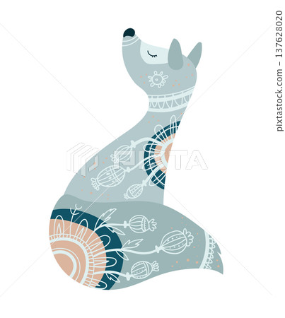 Stylized vector illustration of a wolf decorated with ethnic ornamental patterns. Decorative wild forest animal isolated on white background. 137628020