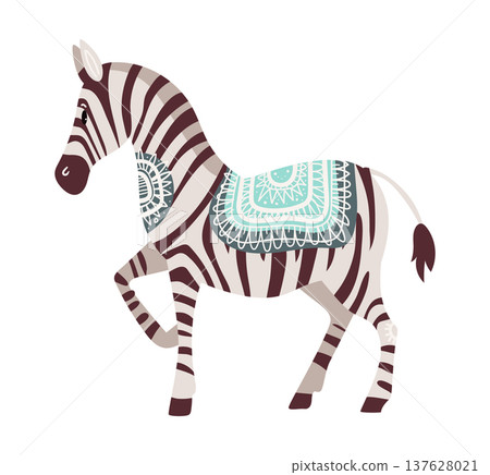 Stylized vector illustration of a zebra decorated with ornamental tribal patterns. Decorative wild animal isolated on white background. 137628021
