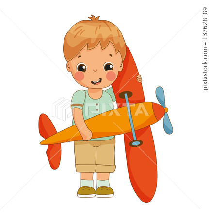 Boy Holding Red Toy Airplane 137628189