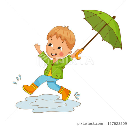 Boy Jumping in Puddles with Umbrella 137628209