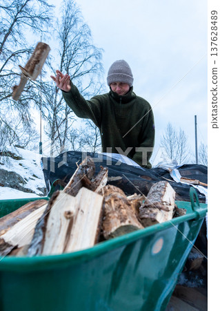Stacking Firewood Outdoors in Snowy Countryside. 137628489
