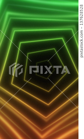 Geometric green and orange pentagon tunnel with glowing neon lines, creating a hypnotic depth effect Geometric green and orange pentagon tunnel with glowing neon lines, creating a hypnotic depth effect 137628528