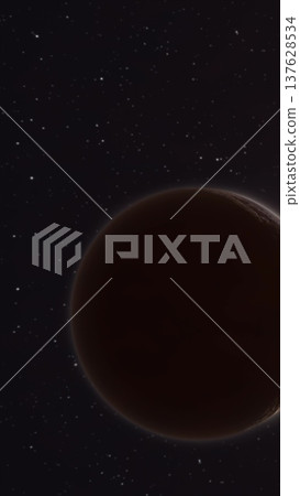 A dark red planet lit by a subtle rim light, floating against a star-filled cosmic background A dark red planet lit by a subtle rim light, floating against a star-filled cosmic background 137628534