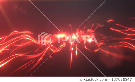 Red glowing energy stream abstractly twisting through a dark background with intense light trails 137628547