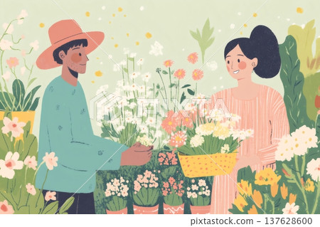 Gardener assists customer selecting various fresh blooming flowers, buying plants for home garden or enjoying a nursery shopping experience 137628600