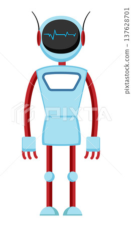 Flat vector illustration of a tall blue robot with antennas, red arms and a digital heartbeat indicator on its face. Cartoon robot character isolated on a white background. Flat vector illustration of a tall blue robot with antennas, red arms and a digital heartbeat indicator on its face. Cartoon robot character isolated on a white background. 137628701