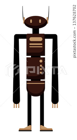 Flat vector illustration of a tall brown robot with long arms and antenna. Cartoon robot character isolated on a white background. 137628702