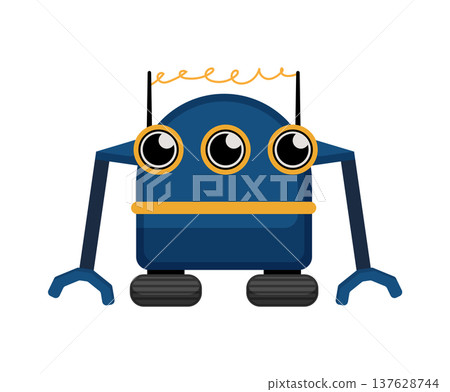 Flat vector illustration of a funny robot with three eyes and long arms. Cartoon futuristic robot isolated on a white background. 137628744