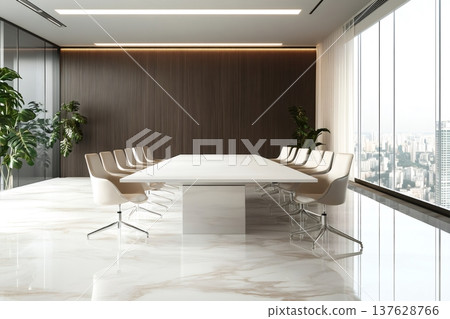 Modern business conference room interior featuring a long white table, chairs, elegant marble floor, and city skyline Modern business conference room interior featuring a long white table, chairs, elegant marble floor, and city skyline 137628766