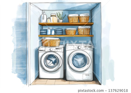 Illustration of a functional laundry area featuring washing machine, dryer, and organized shelves with cleaning supplies and baskets 137629018
